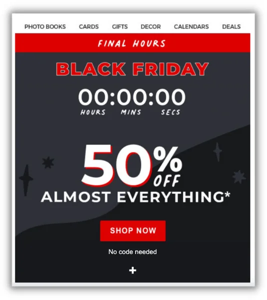 Black Friday promotion banner with a countdown timer, offering 50% off almost everything.