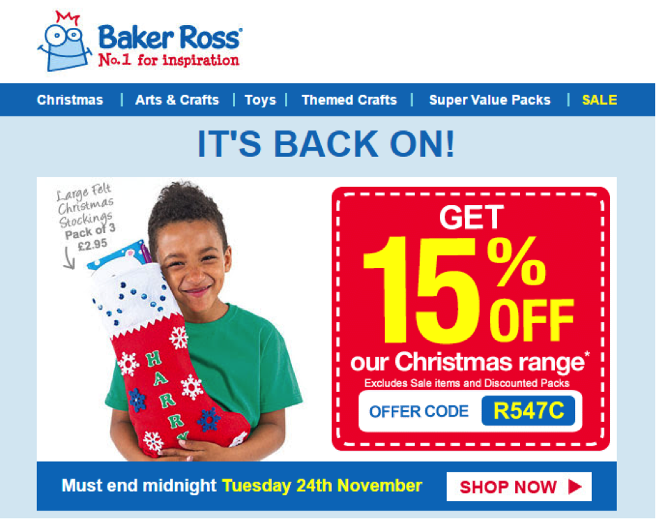 Baker Ross promotion offering 15% off the Christmas range