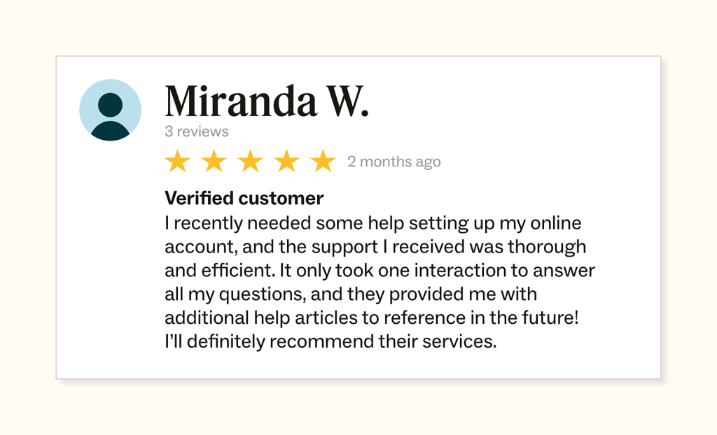 Customer review featuring Miranda W., who gave a 5-star rating and praised the efficient and thorough support she received.