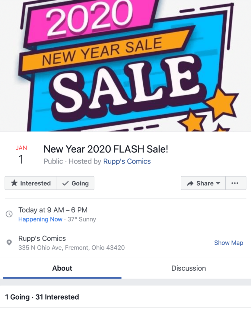 Facebook event for Rupp's Comics New Year 2020 Flash Sale