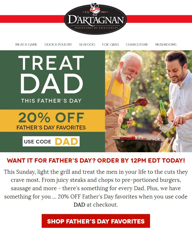 D'Artagnan Father's Day promotion offering 20% off Father's Day favorites with code DAD.