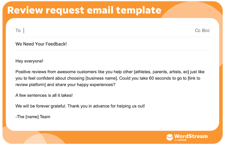 An example of a review request email template designed to solicit feedback from customers. 