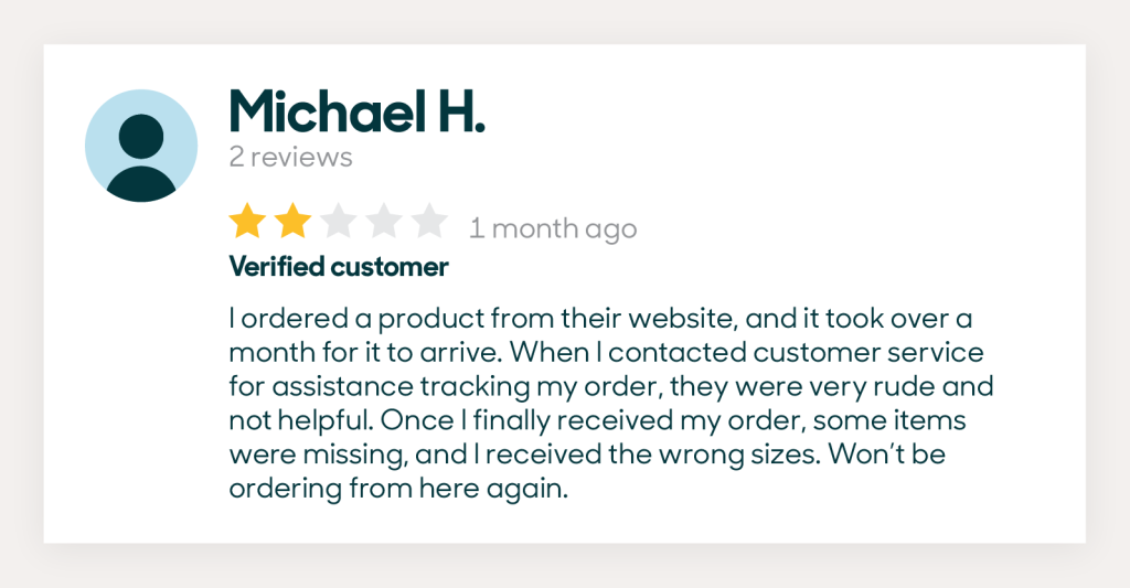 Customer review featuring Michael H., who gave a 2-star rating and expressed dissatisfaction with the delayed delivery of his order and poor customer service. 