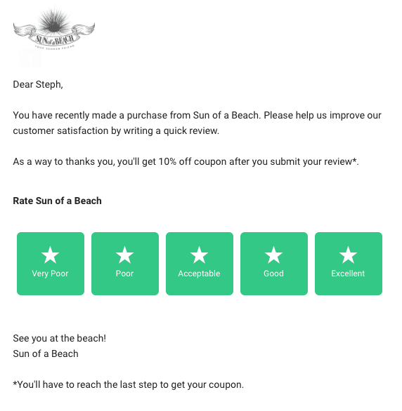 A review request email from Sun of a Beach, offering a 10% off coupon as a token of appreciation after submitting the review. 