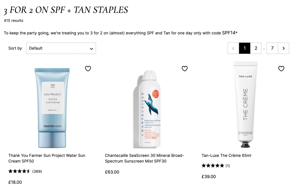 Promotion for 3-for-2 on SPF and tanning products, offering a discount on select items with code SPF14. 