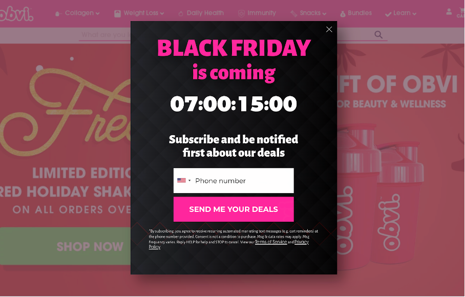 Pop-up banner announcing an upcoming Black Friday sale with a countdown timer.